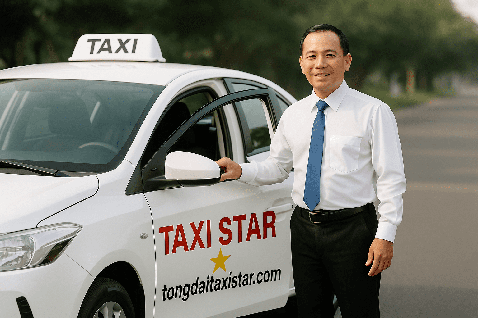Tài xế Taxi Star mở cửa xe đón khách tại Bình Thuận