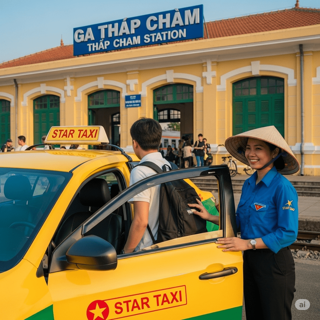Xe Taxi Star đón khách tại Ga Tháp Chàm