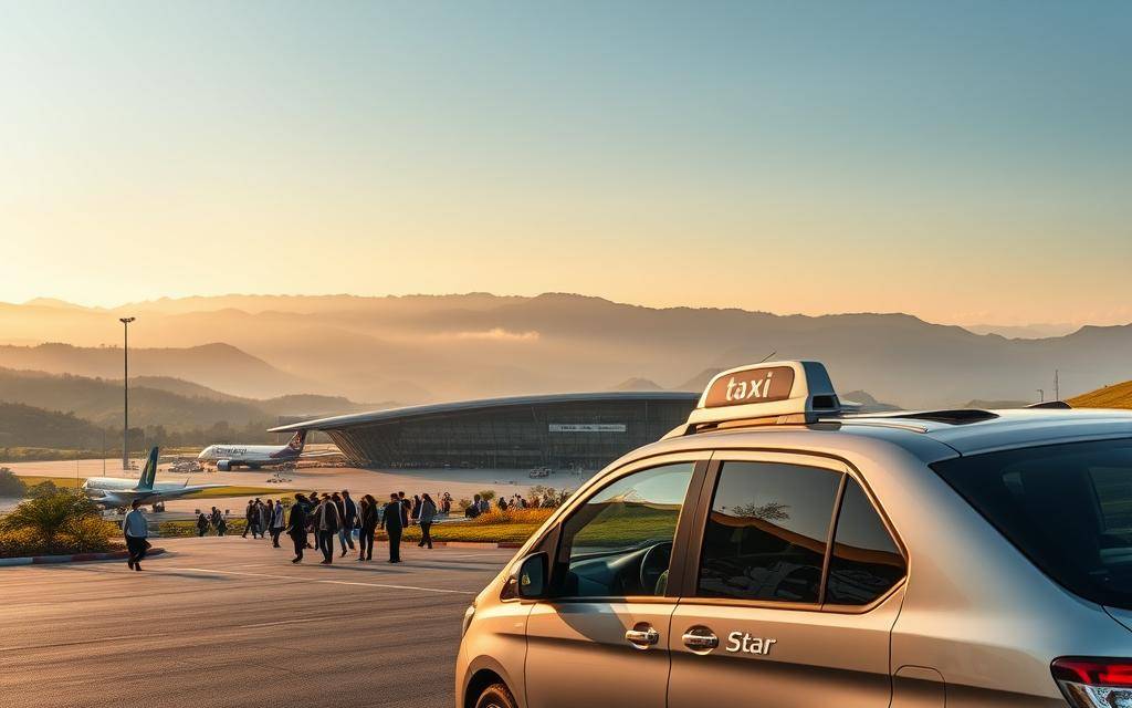 A bustling scene at Lien Khuong Airport, nestled between the lush green hills of Bao Loc. In the foreground, a sleek and modern "Taxi Star" vehicle awaits passengers, its pristine exterior gleaming under the warm, golden-hour sunlight. The middle ground features the airport's main terminal, its contemporary architecture blending seamlessly with the surrounding landscape. In the background, the rolling hills and misty mountains create a picturesque backdrop, adding a sense of tranquility and natural beauty to the overall scene. The image is captured with a wide-angle lens, allowing for a comprehensive view of the setting, and the lighting is carefully balanced to accentuate the details and atmosphere of this vibrant transportation hub.