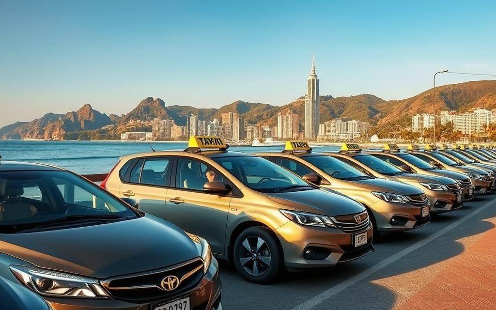 A coastal town nestled between towering mountains and the azure waters of the East Sea, Nha Trang Mui Ne is a picturesque destination in Vietnam. Capture the essence of this scenic region with a wide-angle shot showcasing the sleek, modern vehicles of Taxi Star lining the promenade. Bathed in warm, golden light, the cars gleam with a polished, fresh-off-the-lot appearance, reflecting the town's vibrant energy. In the background, the iconic Nha Trang skyline rises, framed by lush, rolling hills and the shimmering sea. Convey a sense of adventure and exploration, as travelers embark on their journeys to discover the wonders of this coastal gem.