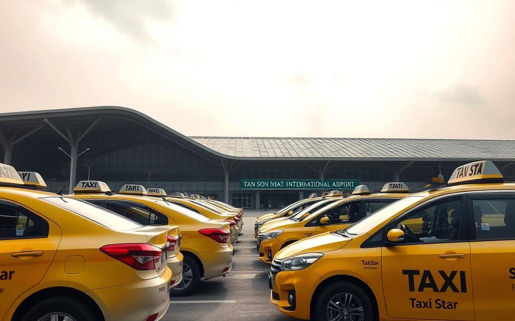 A detailed, high-resolution photograph of several Taxi Star vehicles parked in front of Tan Son Nhat International Airport. The taxis are lined up in the foreground, their distinctive branding and livery prominently displayed. In the middle ground, the airport terminal building can be seen, with its modern, angular architecture. The sky is filled with natural, diffused lighting, creating a soft, atmospheric ambiance. The scene conveys a sense of efficiency and professionalism, reflecting the reliable transportation services provided by the Taxi Star fleet. A detailed, high-resolution photograph of several Taxi Star vehicles parked in front of Tan Son Nhat International Airport. The taxis are lined up in the foreground, their distinctive branding and livery prominently displayed. In the middle ground, the airport terminal building can be seen, with its modern, angular architecture. The sky is filled with natural, diffused lighting, creating a soft, atmospheric ambiance. The scene conveys a sense of efficiency and professionalism, reflecting the reliable transportation services provided by the Taxi Star fleet.