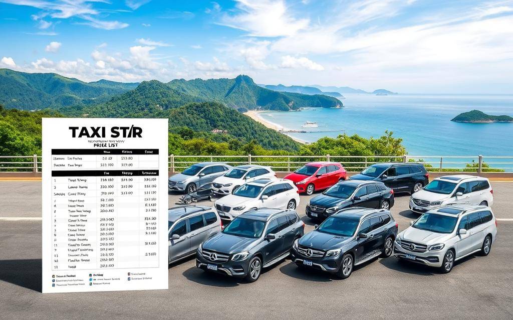 A detailed, well-lit image of a contemporary &quot;Taxi Star&quot; fleet showcasing a comprehensive price list for transportation services from Nha Trang to Vinh Hy, Vietnam. The foreground features the price table prominently displayed on a clean, modern design. The middle ground depicts a diverse selection of Taxi Star's latest vehicle models, including sedans, SUVs, and minivans, all in pristine condition. The background showcases a picturesque coastal landscape with lush greenery, blue skies, and the serene Vinh Hy bay. The overall scene conveys a sense of professionalism, reliability, and the high-quality transportation options available to travelers.