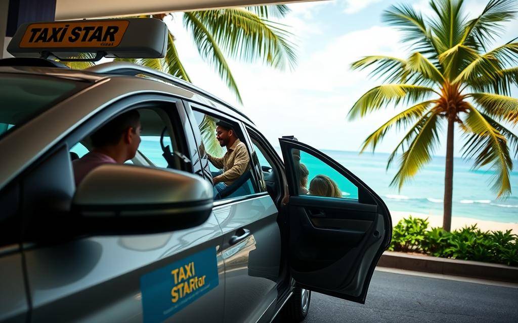 A dynamic, photo-realistic image showcasing the streamlined process of booking a Taxi Star airport transfer from Tan Son Nhat International Airport to Dalat. The foreground features a sleek, modern taxi vehicle with the Taxi Star logo prominently displayed on the side. The middle ground depicts passengers efficiently boarding the car, their expressions conveying a sense of ease and satisfaction. The background showcases the lush, tropical landscape of Nha Trang beach, with the azure ocean and swaying palm trees creating a serene, inviting atmosphere. Soft, diffused lighting illuminates the scene, highlighting the attention to detail and quality of the service. The overall composition captures the convenience, reliability, and comfort of the Taxi Star airport transfer experience.