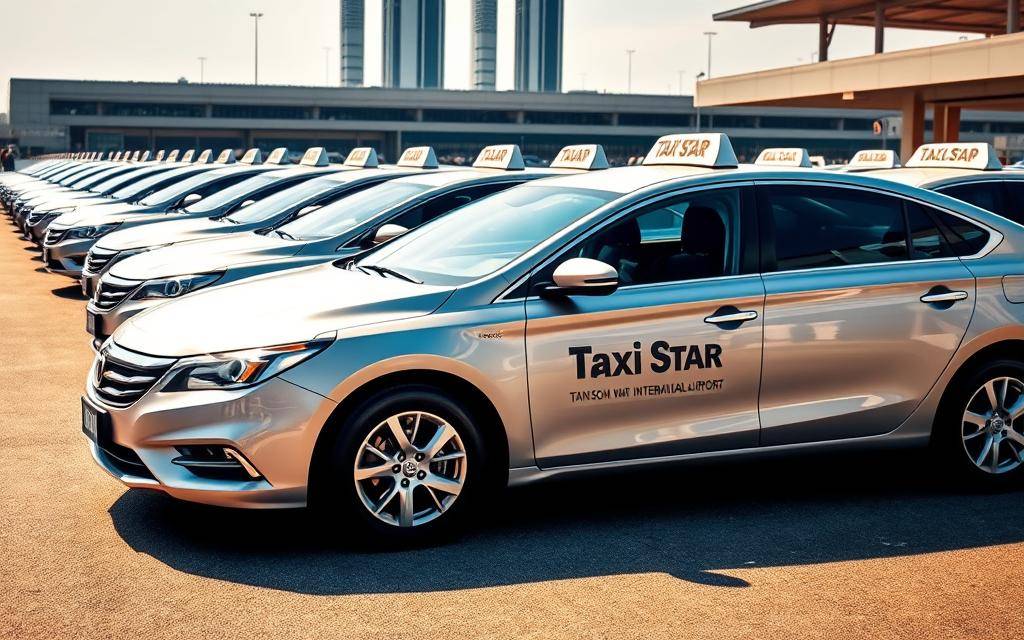 A fleet of sleek, modern Taxi Star vehicles awaits passengers at the entrance of Tan Son Nhat International Airport. The cars, gleaming in the warm, natural light, are lined up with precision, their iconic Taxi Star branding prominently displayed. In the foreground, a silver sedan stands out, its chrome trim and polished exterior reflecting the vibrant surroundings. The middle ground features several additional Taxi Star models, each with their distinct designs, ready to whisk travelers away to their destinations. The background showcases the airport's towering terminals, creating a sense of scale and setting the scene for this efficient transportation service. A fleet of sleek, modern Taxi Star vehicles awaits passengers at the entrance of Tan Son Nhat International Airport. The cars, gleaming in the warm, natural light, are lined up with precision, their iconic Taxi Star branding prominently displayed. In the foreground, a silver sedan stands out, its chrome trim and polished exterior reflecting the vibrant surroundings. The middle ground features several additional Taxi Star models, each with their distinct designs, ready to whisk travelers away to their destinations. The background showcases the airport's towering terminals, creating a sense of scale and setting the scene for this efficient transportation service.