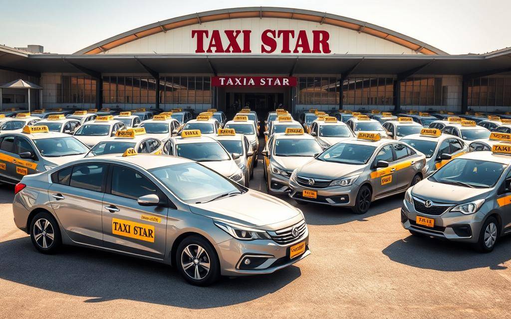 A fleet of sleek, modern Taxi Star vehicles lined up in front of the Tan Son Nhat International Airport, their vibrant branding prominently displayed. The scene is bathed in natural sunlight, casting warm hues and sharp shadows that accentuate the curves and contours of the cars. In the foreground, a single Taxi Star sedan sits ready to whisk passengers away, its polished exterior gleaming. The middle ground is filled with a mix of sedans and vans, each meticulously maintained and ready to provide comfortable transportation. In the background, the airport's iconic architecture rises, framing the scene with a sense of purpose and connectivity. The overall atmosphere conveys a professional, reliable, and efficient service, catering to the needs of those traveling from Mui Ne to Tan Son Nhat.