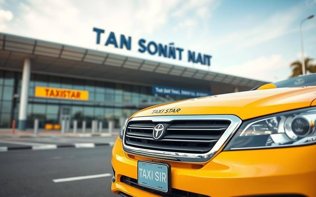 A high-quality, 4K ultra-realistic photograph of a Taxi Star taxi car parked in front of Tan Son Nhat International Airport, capturing the natural light and details of the vehicle. The taxi occupies the foreground, with the airport terminal building visible in the background. The scene conveys a professional, high-end, and informative atmosphere suitable for a price comparison of taxi and private rental services from Mui Ne to the airport.