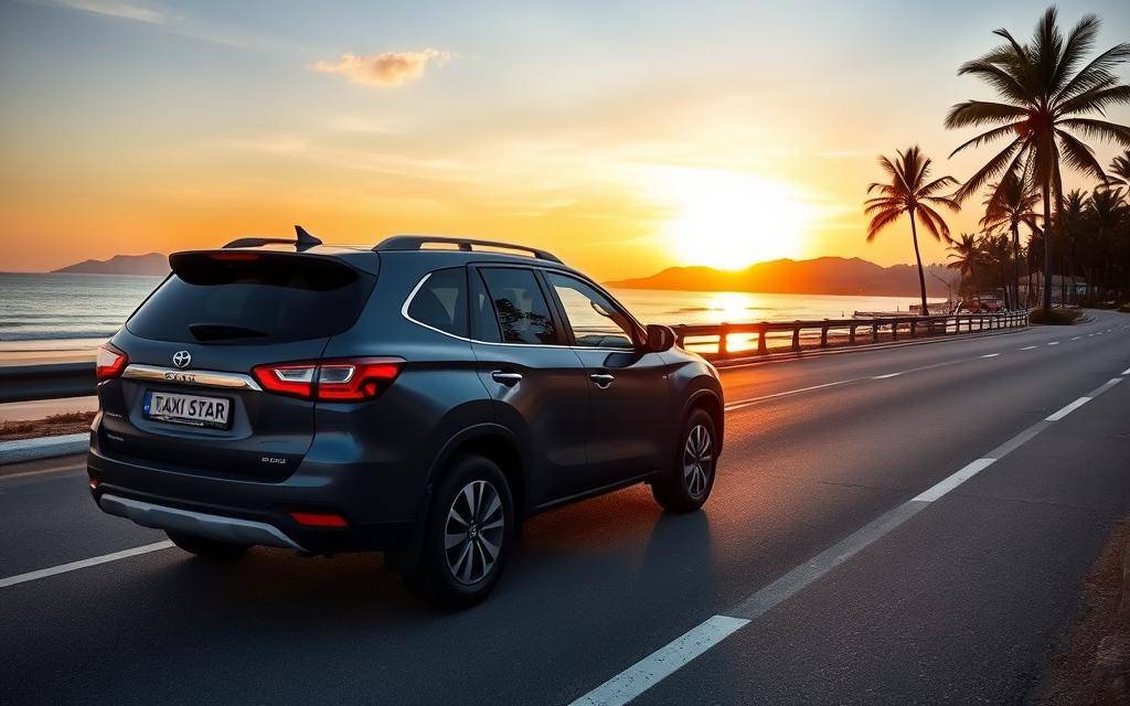 A matte dark blue SUV labeled "Taxi Star" parked on a coastal road at sunset, its reflections shimmering on the bodywork. The vehicle is framed by a tranquil beach setting, with golden hour lighting casting a warm glow across the scene. In the background, a picturesque skyline with rolling hills and palm trees completes the serene coastal landscape. The entire composition evokes a sense of relaxation and convenience, setting the stage for an article about affordable contract car rental services in Ninh Thuan.
