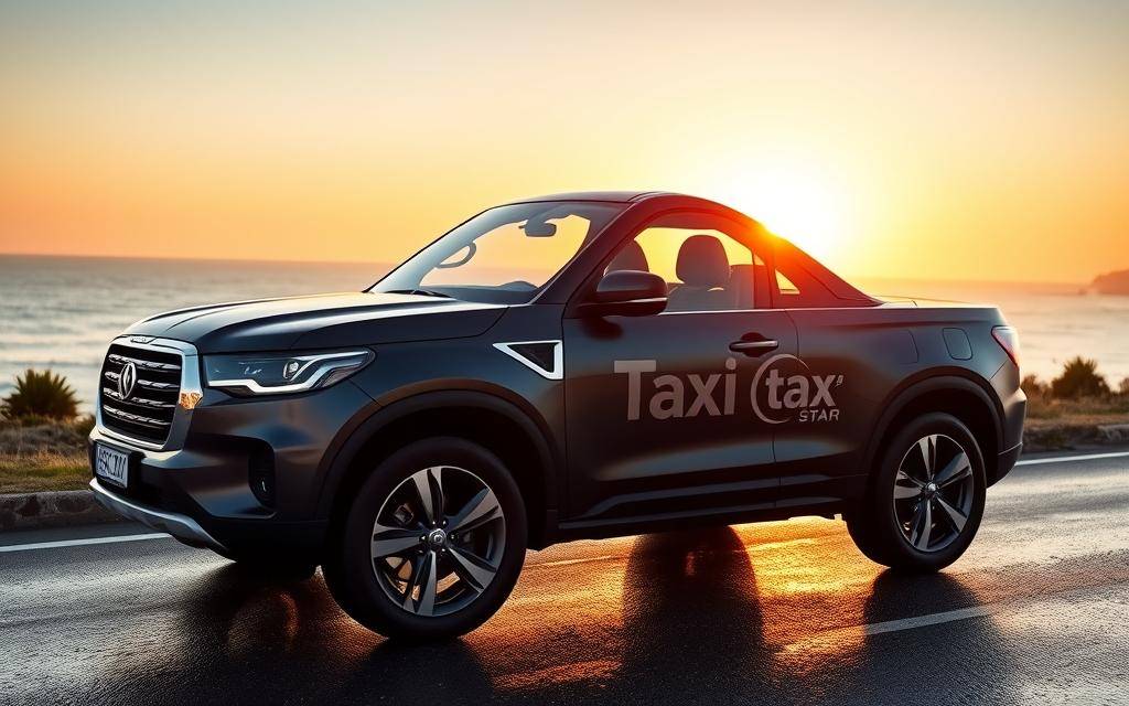 A matte dark blue SUV with the "Taxi Star" brand name prominently displayed on the side, parked on a coastal road at sunset. The vehicle's reflection shimmers on the wet pavement, and the warm, golden light bathes the scene in a serene, atmospheric glow. Crisp details of the SUV's sleek design and the tranquil ocean in the background create a visually striking composition, captured with a 35mm lens.