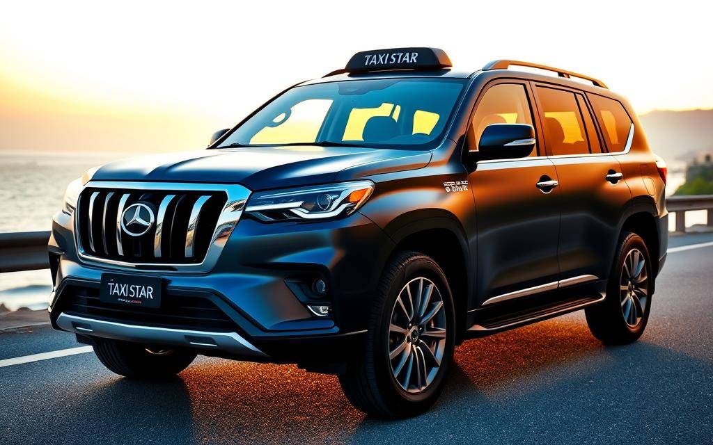 A matte dark blue "Taxi Star" SUV parked elegantly on a coastal road at golden hour, its lustrous bodywork reflecting the warm sunset hues. The vehicle is framed by the serene ocean, with a backdrop of rolling hills in the distance. The image conveys a sense of luxury, comfort, and professionalism, perfectly suited for a wedding transportation service in Ninh Thuan. The 35mm lens captures the scene with a wide, cinematic perspective, emphasizing the spaciousness and sophistication of the vehicle.