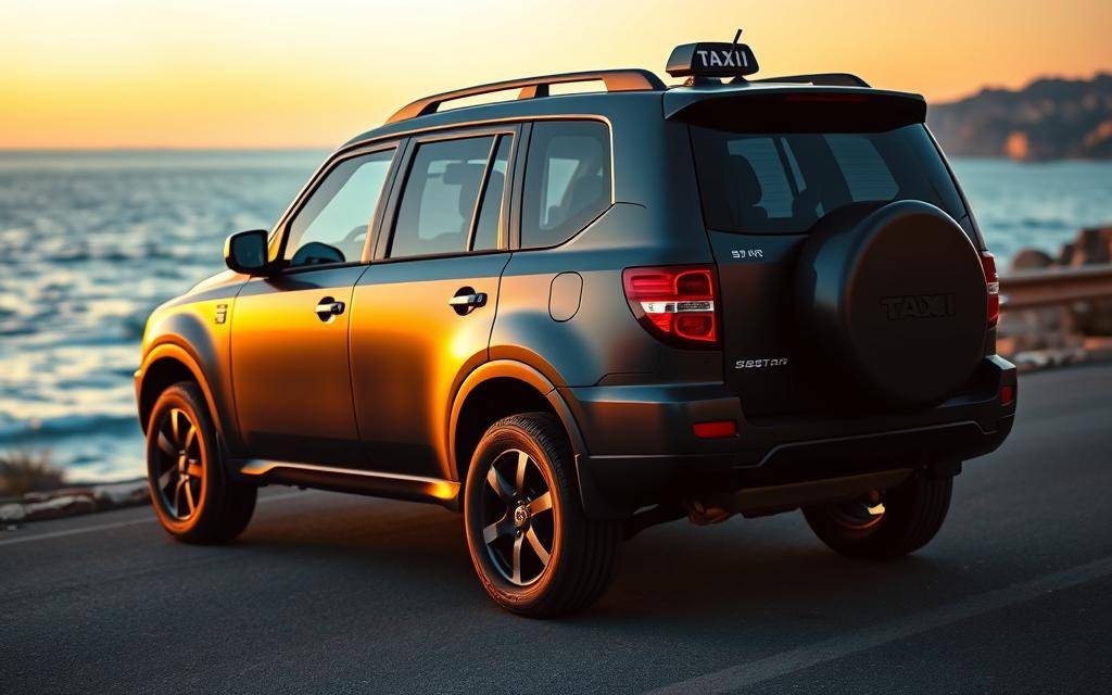 A matte dark blue Taxi Star SUV parked on a coastal road at golden hour, its bodywork reflecting the warm sunset colors. The vehicle is positioned at a slightly elevated angle, showcasing its sleek silhouette against the serene ocean backdrop. The 35mm lens captures a crisp, cinematic perspective, emphasizing the car's presence within the tranquil seaside setting.