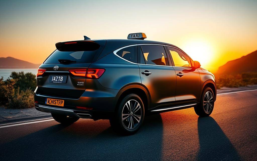 A matte dark blue Taxi Star SUV parked on a coastal road at golden hour, its sleek bodywork reflecting the warm sunset glow. The vehicle is positioned elegantly, inviting the viewer to imagine a couple stepping out, ready to embark on their cherished wedding journey. The scene conveys a sense of luxury, comfort, and the excitement of a special occasion, captured through a 35mm lens that emphasizes the depth and atmosphere of the moment.
