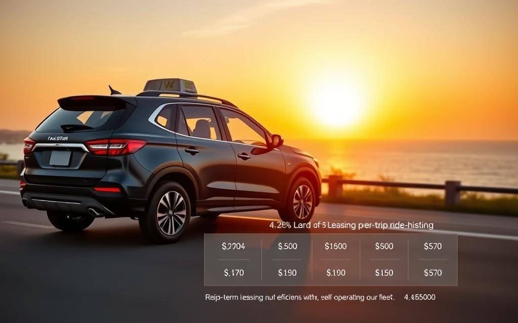 A matte dark blue "Taxi Star" SUV parked on a coastal road at sunset, its reflections shimmering on the bodywork, captured with a 35mm lens. In the foreground, a comparison chart displays the costs of long-term leasing, per-trip ride-hailing, and self-operating a fleet. The middle ground features a scenic ocean view, with the warm glow of the setting sun casting a golden hue over the scene. The background blends the coastal landscape, hinting at the opportunities for efficient transportation solutions in Ninh Thuan.