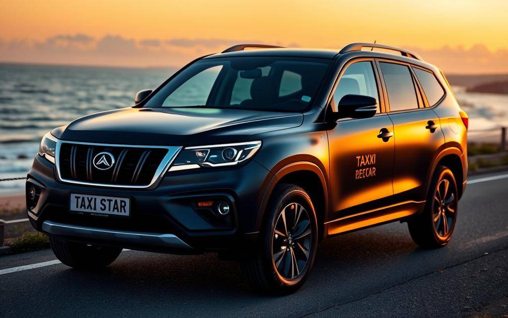 A matte dark blue Taxi Star SUV parked on a coastal road at sunset, its reflective bodywork catching the warm, golden light. The vehicle is positioned prominently, conveying a sense of reliability and experience. In the background, a picturesque beach and ocean horizon create a serene, tranquil atmosphere. The composition emphasizes the Taxi Star brand, suggesting a premium, trustworthy service with an experienced team of drivers.