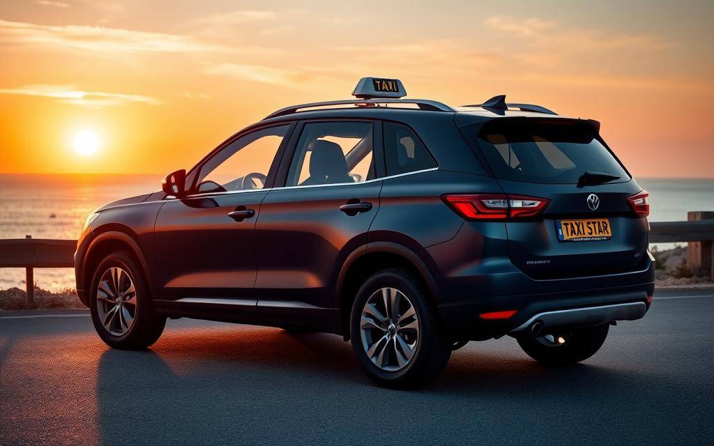 A matte dark blue Taxi Star SUV parked on a coastal road at sunset, its sleek bodywork reflecting the warm, golden light. The vehicle is positioned in the foreground, with a picturesque seascape and sky visible in the background. The composition is balanced, with a focus on the car's elegant lines and the serene, atmospheric setting. Captured with a 35mm lens, this image conveys a sense of comfort, reliability, and the convenience of Taxi Star's transportation services.
