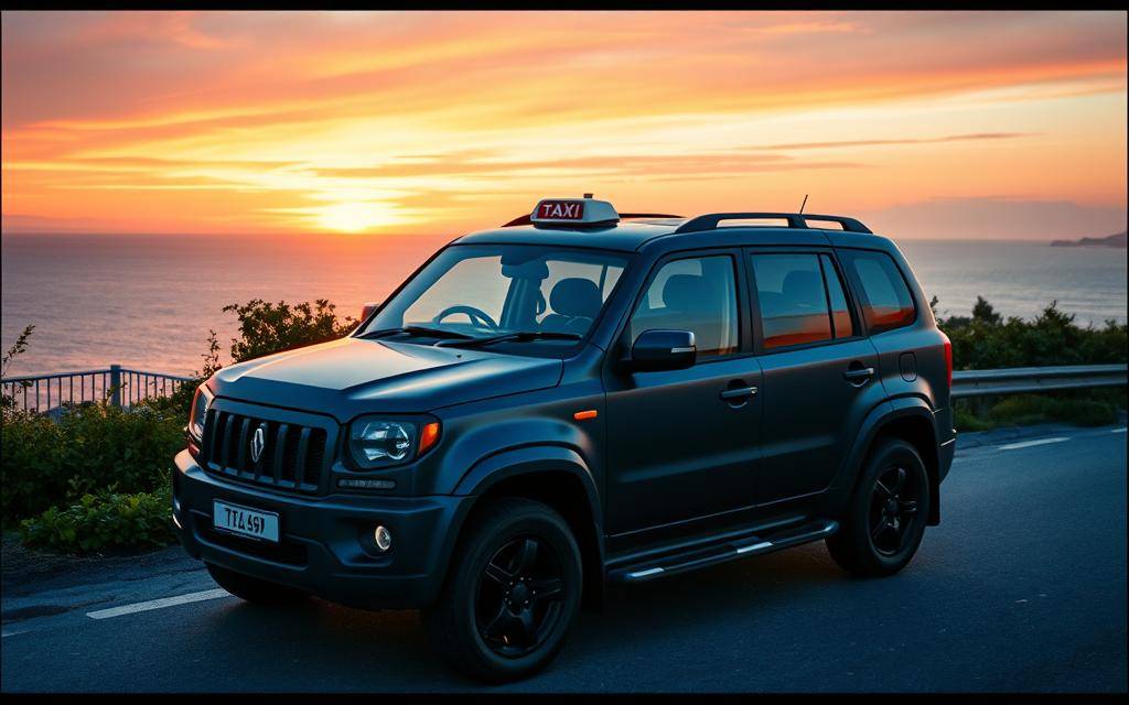 A matte dark blue Taxi Star SUV parked on a coastal road at sunset, with vibrant orange and pink hues reflecting off its glossy bodywork, captured through the lens of a 35mm camera. The vehicle is surrounded by lush greenery, and the tranquil waters of the ocean stretch out in the background, creating a serene and picturesque scene that evokes a sense of relaxation and adventure.