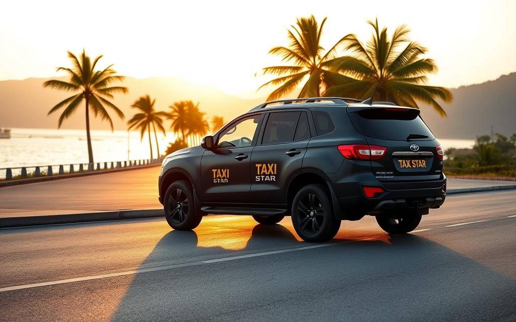 A matte dark blue Taxi Star SUV parked on a coastal road in Cam Ranh, Phan Rang at sunset, the vehicle's reflections shimmering on the calm waters. Lush palm trees line the road in the middle ground, while distant mountains rise up in the hazy background. The scene is bathed in warm golden light, creating a serene and tranquil atmosphere. Captured with a 35mm lens, the image showcases the versatility and reliability of the Taxi Star brand as the ideal choice for transportation along the Cam Ranh - Ninh Thuan route.