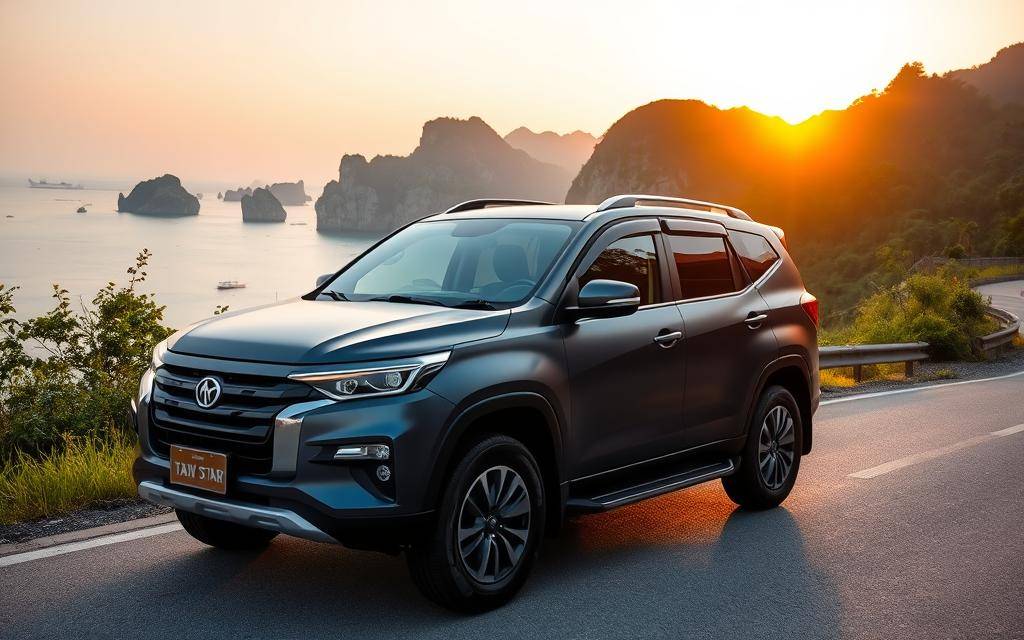A matte dark blue Taxi Star SUV parked on a coastal road in Ninh Thuan, Vietnam, at golden hour sunset. The vehicle reflects the warm hues of the sky and the calm waters of Vinh Hy Bay. The image is shot with a 35mm lens, capturing the surrounding lush greenery and dramatic rock formations in the background. The composition emphasizes the SUV's sleek lines and the scenic coastal landscape, conveying a sense of adventure and exploration.