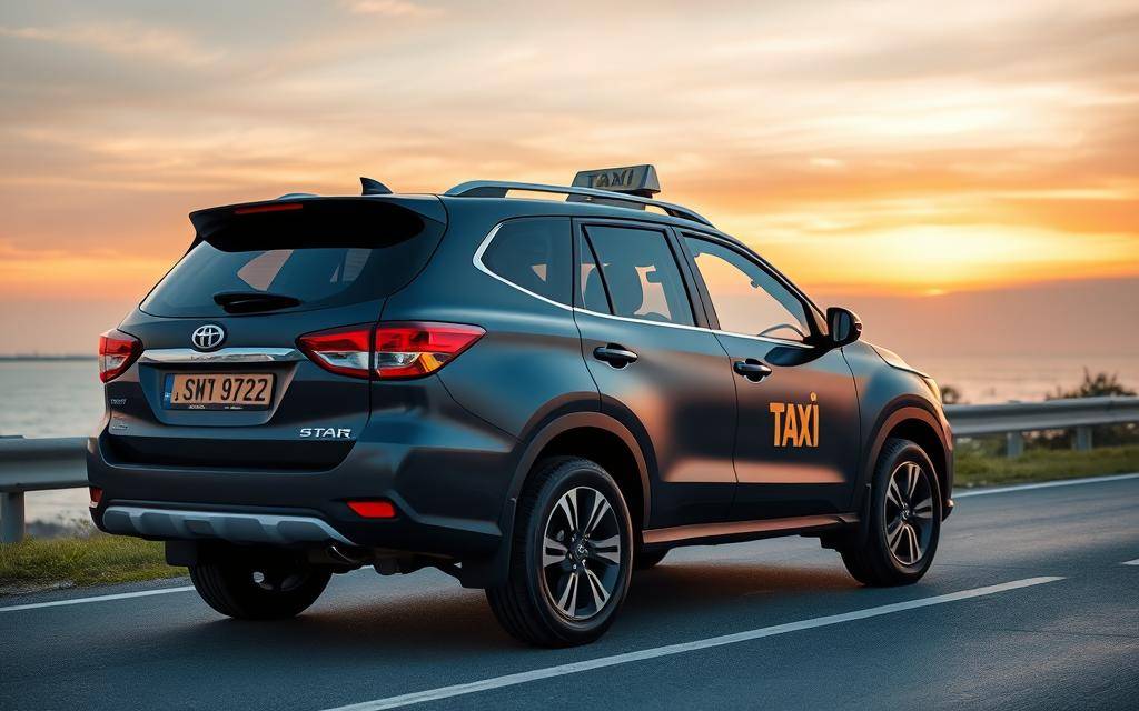 A matte dark blue Taxi Star SUV parked on a coastal road in Ninh Thuận at sunset, the vehicle's bodywork reflecting the warm hues of the sky. The scene is shot with a 35mm lens, capturing the tranquil atmosphere and the overall sense of reliability and trustworthiness associated with this reliable rental service.