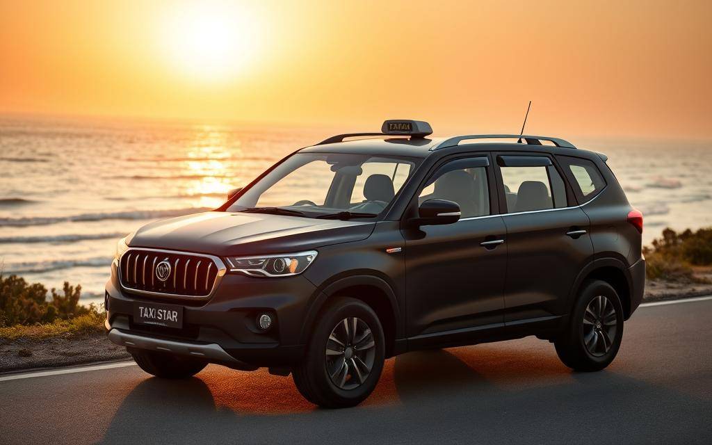 A matte dark blue Taxi Star SUV parked on a scenic coastal road in Ninh Thuận at golden hour, gentle waves lapping the shore in the background, warm sunset light reflecting off the vehicle's sleek bodywork, shot with a 35mm lens to capture the serene atmosphere and picturesque setting.
