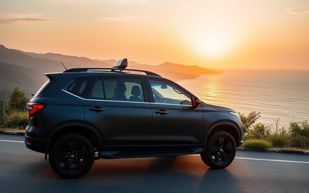 A matte dark blue Taxi Star SUV parked on a scenic coastal road, overlooking the tranquil waters of Bay Cam Ranh at golden hour. The warm sunset casts a soft glow, reflecting off the vehicle's sleek bodywork. In the background, rolling hills and lush vegetation frame the serene seascape. A 35mm lens captures the picturesque scene, highlighting the SUV's prominence and the breathtaking natural surroundings that make Cam Ranh an ideal transportation hub.