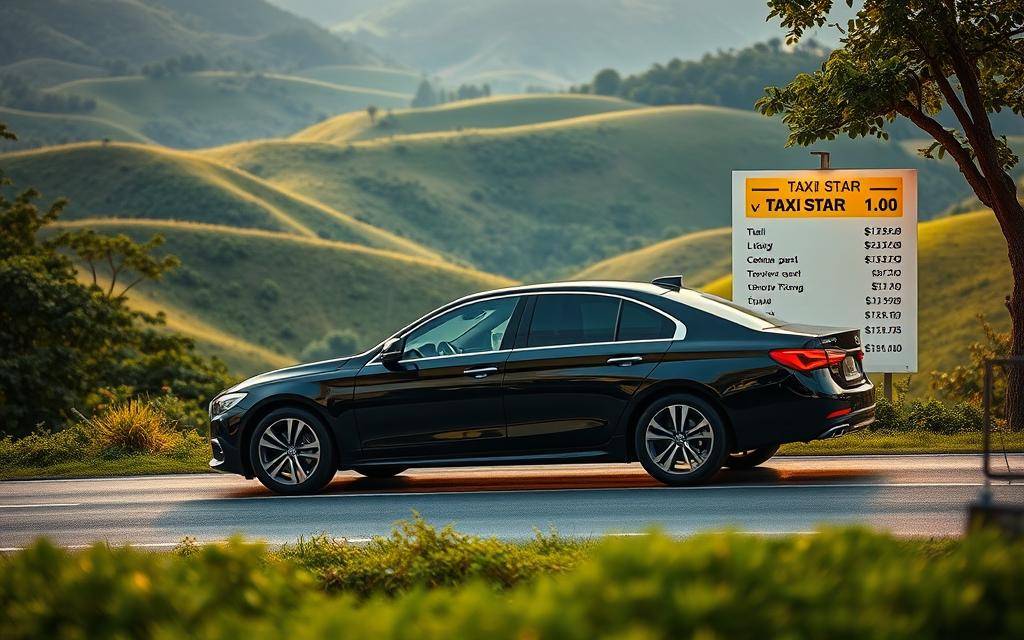 A modern and sleek sedan, the Taxi Star, prominently displays its price list on a well-designed, backlit billboard. The scene is set in a lush, verdant Vietnamese landscape, with rolling hills and vibrant foliage in the background. The lighting is soft and warm, creating an inviting atmosphere. The image captures the car's luxurious yet practical nature, suitable for transporting passengers to and from Nha Trang and the Cam Ranh airport. The price information is clearly visible, allowing potential customers to easily compare the available options.