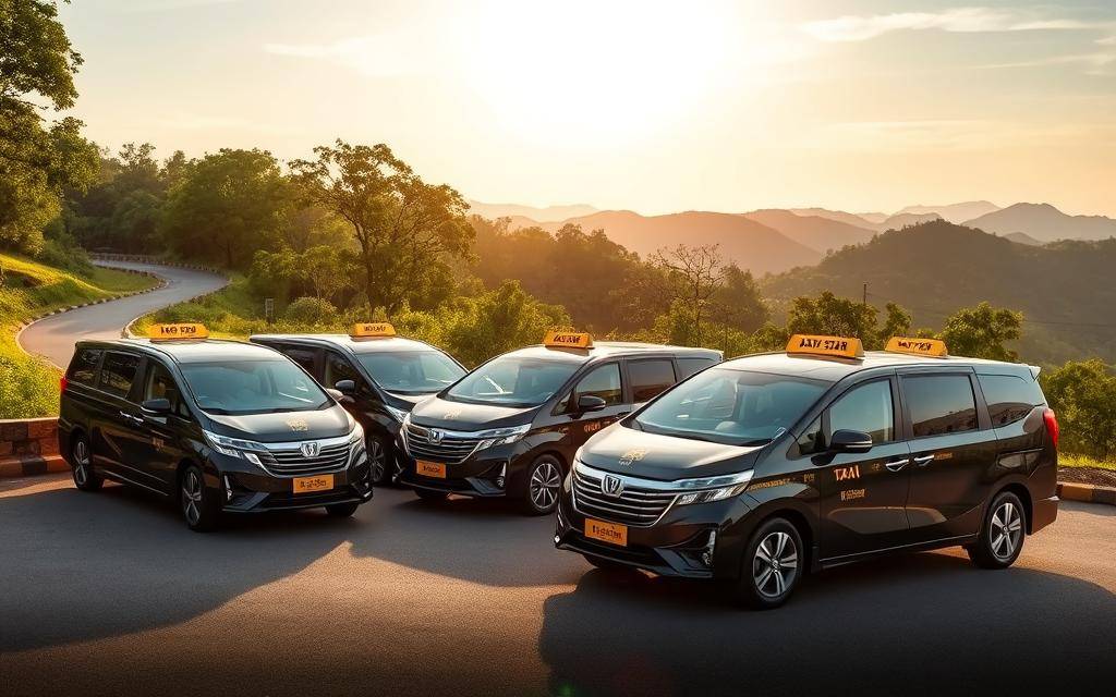 A modern fleet of Taxi Star vehicles in a picturesque Vietnamese landscape, showcasing a range of 4-7-16 passenger capacity options. The cars are parked on a winding road, with lush greenery and rolling hills in the background. Sunlight filters through the trees, creating a warm, inviting atmosphere. The vehicles' sleek, contemporary designs convey a sense of comfort and reliability. The prompt aims to visually highlight the versatility and quality of the transportation services available for travelers visiting Nha Trang and Vinh Hy.