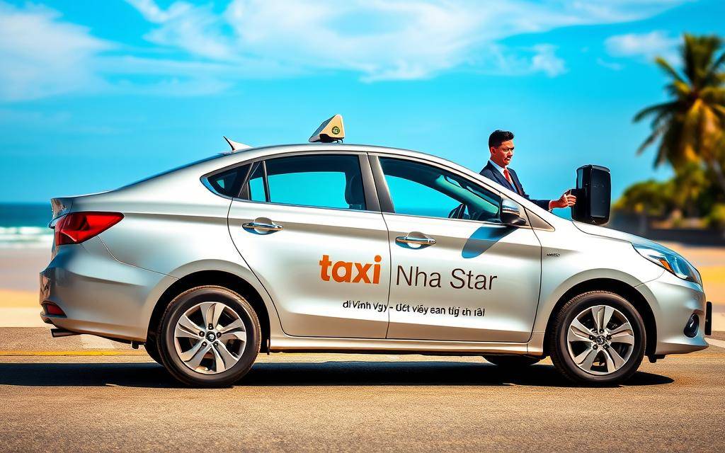 A modern, silver Taxi Star sedan with "Taxi Nha Trang đi Vĩnh Hy - dịch vụ đưa đón tận nơi" branding on the side, parked against the backdrop of Nha Trang's stunning beach and clear blue skies. The taxi's sleek lines and chrome accents glisten in the warm, golden sunlight. In the foreground, a well-dressed passenger is being greeted by the driver, indicating the personalized, on-demand service. The scene conveys a sense of convenience, reliability, and the beauty of the coastal destination.