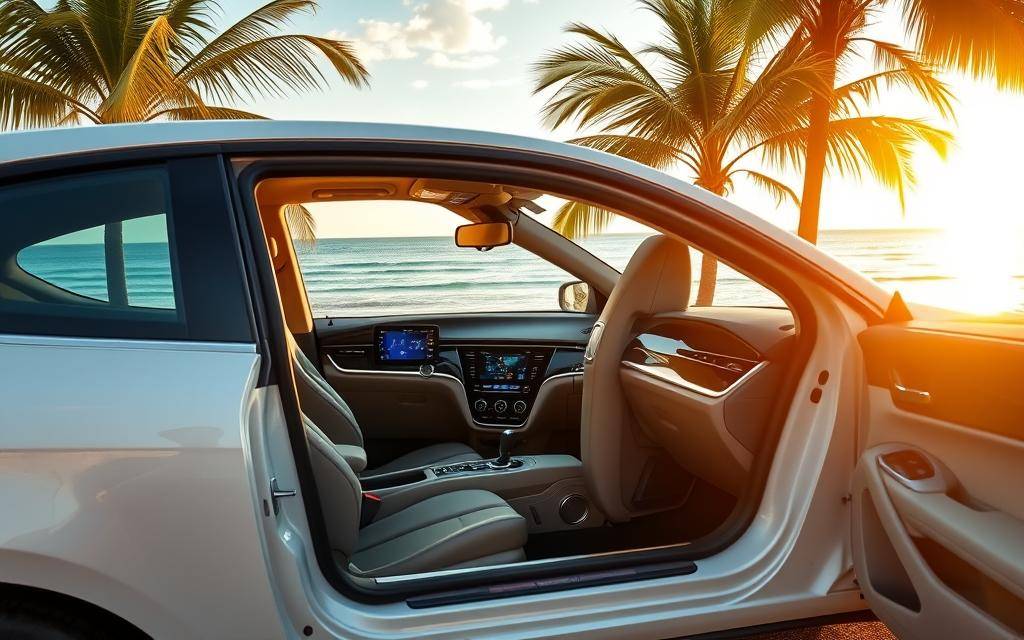A modern, sleek "Taxi Star" sedan parked along the picturesque Nha Trang beachfront, its pristine exterior reflecting the sun's warm glow. The spacious interior showcases plush leather seats, a polished dashboard, and an array of high-tech features like a touchscreen infotainment system and ambient lighting. In the background, the turquoise waters of the East Sea and swaying palm trees create a serene, tropical ambiance. The scene conveys a sense of comfort, convenience, and sophistication - a premium transportation experience tailored for the discerning traveler.