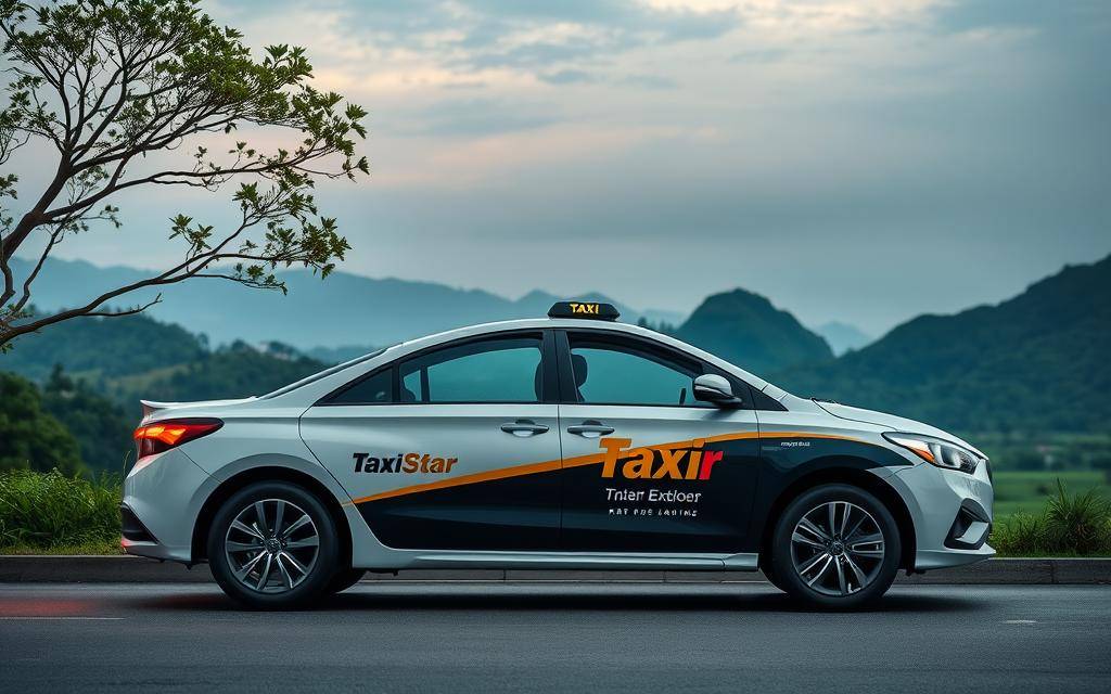 A modern, sleek Taxi Star vehicle set against a picturesque Vietnamese landscape. The car's interior and exterior feature state-of-the-art safety standards, with advanced driver assistance systems, high-quality materials, and a well-designed cabin that prioritizes passenger comfort and security. The scene conveys a sense of reliability, professionalism, and commitment to safety and quality service. Soft, warm lighting illuminates the serene environment, creating an inviting and trustworthy atmosphere.