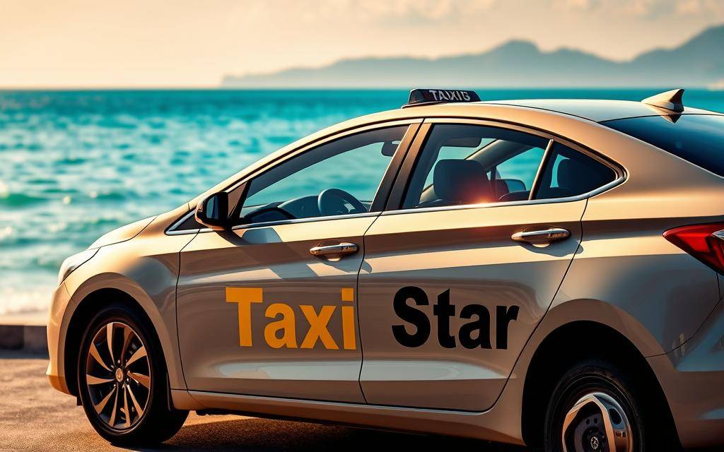 A modern, sleek taxi car with the brand name "Taxi Star" prominently displayed on the side, parked in front of the stunning Nha Trang beach. The car is bathed in warm, golden sunlight, casting soft shadows across its polished surface. In the background, the crystal-clear turquoise waters of the ocean stretch out, with the distant mountains providing a picturesque backdrop. The scene conveys a sense of tranquility and the convenience of reliable, high-quality taxi services in the Mui Ne region. The image is photo-realistic, captured in stunning 8K resolution, showcasing the details of the car and the surrounding environment. A modern, sleek taxi car with the brand name "Taxi Star" prominently displayed on the side, parked in front of the stunning Nha Trang beach. The car is bathed in warm, golden sunlight, casting soft shadows across its polished surface. In the background, the crystal-clear turquoise waters of the ocean stretch out, with the distant mountains providing a picturesque backdrop. The scene conveys a sense of tranquility and the convenience of reliable, high-quality taxi services in the Mui Ne region. The image is photo-realistic, captured in stunning 8K resolution, showcasing the details of the car and the surrounding environment.