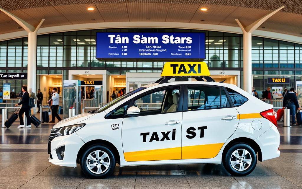 A modern, well-equipped taxi vehicle prominently featuring the "Taxi Star" branding stands in the foreground, showcasing its sleek design and comfortable interior. The middle ground depicts the bustling scene of Tan Son Nhat International Airport, with passengers and luggage moving through the terminal. In the background, the iconic architectural elements of the airport's façade and surrounding landscape are visible, creating a cohesive and authentic setting. The lighting is natural and warm, highlighting the details of the taxi and the vibrant atmosphere of the airport. The overall composition conveys a sense of professionalism, reliability, and convenience, reflecting the essence of the article's subject matter.