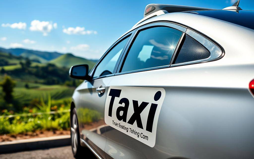A modern, well-equipped taxi with the &amp;amp;quot;Taxi Star&amp;amp;quot; logo prominently displayed on its side. The taxi is parked in a picturesque Vietnamese setting, with lush greenery, rolling hills, and a clear blue sky in the background. The taxi's sleek, aerodynamic design and shiny exterior reflect the sunlight, adding to the vibrant atmosphere. The scene conveys a sense of comfort, convenience, and the ease of transportation, perfect for the section on &amp;amp;quot;Phương tiện di chuyển: ưu, nhược và chi phí tham khảo&amp;amp;quot;.