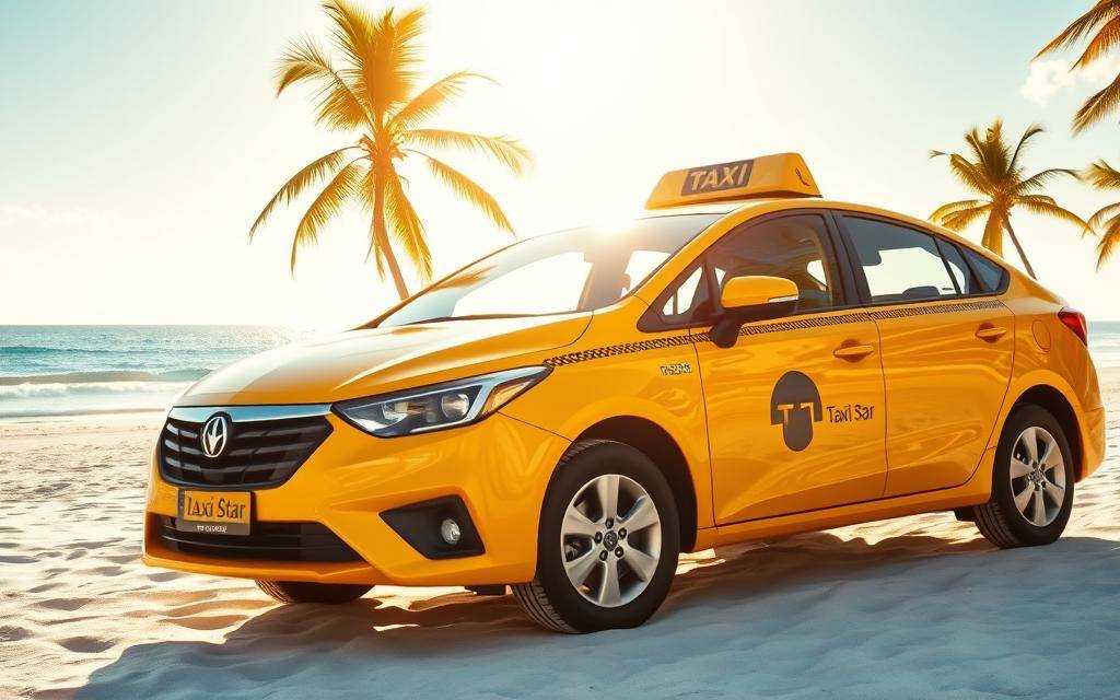 A photo-realistic image of a modern Taxi Star car in a tropical setting, parked on the pristine white sand of Nha Trang beach. The car is positioned in the foreground, with a stunning ocean vista in the background, bathed in warm, golden sunlight. The scene conveys a sense of ease and convenience, inviting the viewer to imagine effortlessly booking a taxi for their journey. The image is captured with a wide-angle lens, emphasizing the serene, picturesque surroundings and the sleek, well-maintained Taxi Star vehicle, ready to whisk the passenger away to their destination.