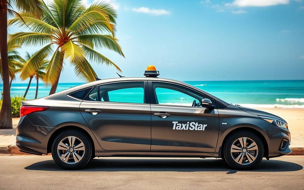 A photo-realistic image of a modern Taxi Star car in front of the picturesque Mui Ne beach, with the crystal-clear turquoise waters and swaying palm trees in the background. The taxi is positioned prominently in the foreground, showcasing its sleek, aerodynamic design and the "Taxi Star" branding on the sides. The lighting is warm and natural, highlighting the car's metallic finish and the vibrant colors of the surrounding landscape. The scene conveys a sense of tranquility and luxury, inviting the viewer to consider the comfortable and reliable transportation options for a trip from Mui Ne to Saigon.