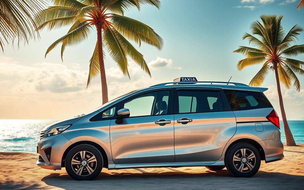 A photo-realistic image of a modern Taxi Star car in front of the picturesque Nha Trang beach, surrounded by swaying palm trees and the shimmering turquoise waters of the East Sea. The car is parked on the sandy shore, its sleek silver exterior gleaming in the warm, golden sunlight. The scene evokes a sense of tranquility and vacation, with the taxi serving as a practical yet stylish mode of transportation for travelers. The image is captured in ultra-realistic 8K resolution, showcasing every intricate detail of the car and the serene coastal landscape.