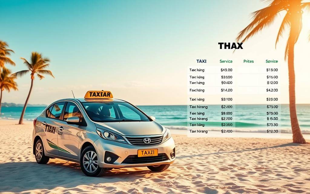 A photo-realistic image of a modern "Taxi Star" car, sleek and stylish, parked on the pristine sands of Nha Trang beach. The vehicle is positioned prominently in the foreground, its metallic paint glistening under the warm, golden sunlight. In the middle ground, a price list is displayed, showcasing the various taxi service options and their corresponding rates. The background features the stunning coastline, with turquoise waters and swaying palm trees, creating a serene and inviting atmosphere. The image conveys a sense of efficiency, reliability, and customer-centric service, reflecting the article's focus on Taxi Liên Khương's offerings.