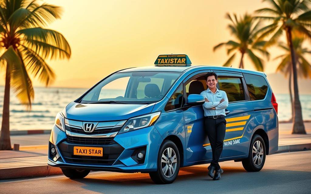 A photo-realistic image of a modern Taxi Star minivan parked along the scenic Nha Trang beachfront, the driver leaning against the car with a friendly smile. The vehicle has a sleek, well-maintained exterior in a vibrant blue color, complementing the turquoise waters and lush palm trees in the background. Warm, golden lighting illuminates the scene, creating a welcoming and inviting atmosphere. The driver, dressed in a crisp, collared shirt, represents the local expertise and professionalism of the Taxi Star service, ready to provide a comfortable and safe journey from Mui Ne to Dalat.