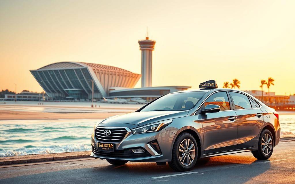 A photo-realistic image of a modern Taxi Star sedan in the foreground, meticulously detailed with its sleek, aerodynamic body and gleaming chrome accents. In the middle ground, the iconic Tan Son Nhat International Airport terminal building stands tall, its distinctive architecture bathed in warm, golden sunlight. The background showcases the serene Phan Thiet coastline, with turquoise waters lapping against the pristine sandy beach. The scene exudes a sense of convenience, comfort, and coastal tranquility, perfectly capturing the essence of the premium airport transfer service.