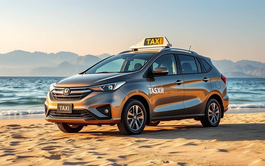 A photo-realistic image of a modern Taxi Star taxi car in a serene setting by the pristine waters of Nha Trang beach. The vehicle is parked on the sandy shore, its sleek, metallic exterior gleaming in the warm, golden sunlight. The background features the iconic Truong Son mountain range, its peaks shrouded in a soft, hazy mist. The overall mood is one of tranquility and relaxation, inviting the viewer to imagine a comfortable, safe, and reliable journey to their destination.