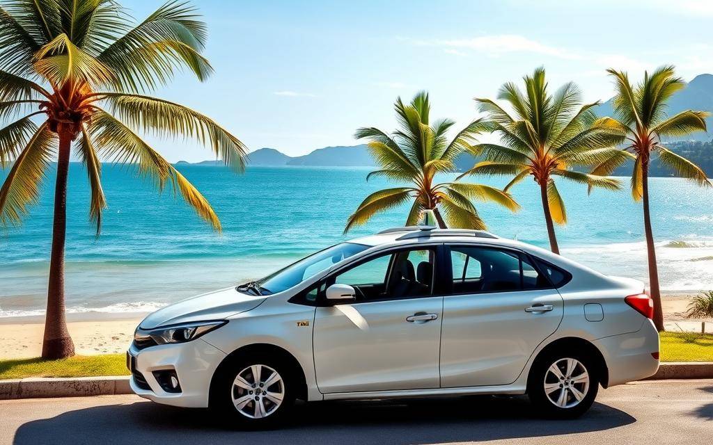 A photo-realistic image of a modern Taxi Star taxi car parked along the pristine coastline of Nha Trang beach, the idyllic landscape providing a serene backdrop. The taxi is positioned prominently in the foreground, its sleek and polished exterior reflecting the warm sunlight. The middle ground features lush palm trees swaying gently in the breeze, while the distant background showcases the turquoise waters of the ocean and the picturesque mountains. The scene conveys a sense of relaxation and flexibility, inviting the viewer to imagine the effortless pick-up and drop-off service for travelers journeying from Mui Ne to Dalat, 4-7 passengers, in a safe and reliable manner.