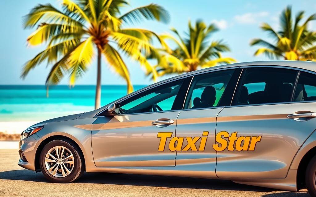 A photo-realistic image of a modern Taxi Star vehicle, gleaming in the warm sunlight against the backdrop of Mũi Né's pristine beaches. The sleek, silver sedan is prominently featured in the foreground, its bold "Taxi Star" branding visible on the side panel. In the middle ground, lush palm trees sway gently, while the azure waters of the East Sea stretch out in the distance, creating a serene and inviting atmosphere. The lighting is soft and natural, casting subtle shadows that add depth and dimension to the scene. The angle is slightly elevated, providing a comprehensive view of the car and its picturesque surroundings, conveying a sense of safety, reliability, and the convenience of this premier taxi service connecting Mũi Né and Sài Gòn.