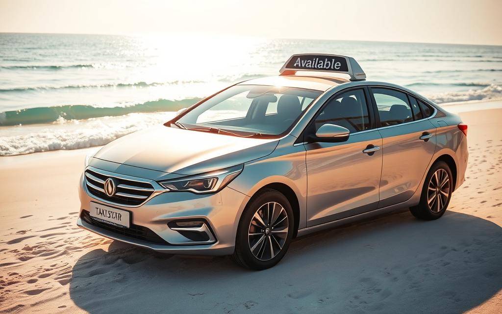 A photo-realistic image of a modern, gleaming silver Taxi Star sedan parked on the pristine white sand of Nha Trang beach, the azure waves gently lapping in the background. The taxi's LED display flashes "Available" as it waits to be quickly summoned by a customer. The scene is bathed in warm, golden sunlight, creating a serene and inviting atmosphere. The camera angle is slightly elevated, capturing the taxi's sleek lines and the picturesque coastal landscape. Ultra-realistic, 8K resolution.