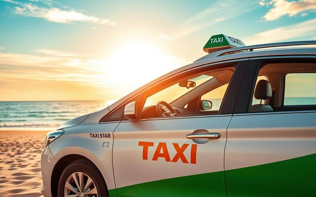 A photo-realistic image of a modern, sleek Taxi Star taxi car parked on the stunning Mui Ne beach, with crystal clear turquoise waters and a vibrant, colorful sky in the background. The taxi's branding is prominently displayed, and the interior is visible, showcasing the comfort and amenities available to passengers. The scene is bathed in warm, golden sunlight, creating a serene and inviting atmosphere. The composition emphasizes the taxi's position in relation to the beach, highlighting the convenience and accessibility of the transportation service. The image conveys a sense of luxury, comfort, and the perfect balance between affordability and quality.