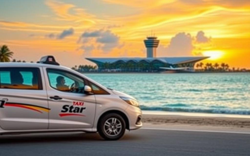 A photo-realistic image of a modern, sleek "Taxi Star" vehicle in the foreground, parked along the pristine shores of Cam Ranh beach in Mui Ne. The turquoise waters and palm-fringed coastline stretch out in the middle ground, with the iconic Cam Ranh Airport terminal building visible in the background, its modern architecture and control tower silhouetted against a vibrant, golden sunset sky. The scene captures the essence of transportation and travel in this picturesque coastal region of Vietnam, evoking a sense of tranquility and adventure.
