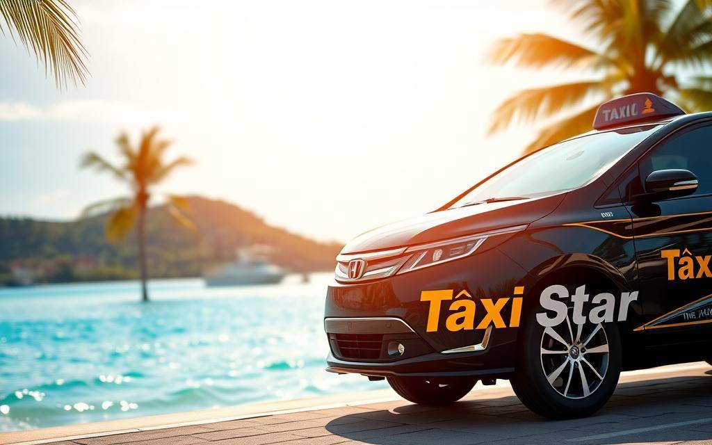 A photo-realistic image of a modern, sleek Taxi Star vehicle parked in front of the iconic Nha Trang beach, with the backdrop of crystal-clear azure waters and swaying palm trees. The car's exterior showcases the prominent Taxi Star logo and branding, capturing the essence of a reliable and professional transportation service. The image is captured with a wide-angle lens, creating a sense of depth and emphasizing the scenic beachfront setting. Soft, natural lighting casts a warm, inviting glow, evoking a sense of tranquility and leisure. The overall composition and attention to detail convey the trustworthiness and premium quality of the Taxi Star brand, perfectly aligning with the "Thông tin liên hệ Taxi Star" section of the article.