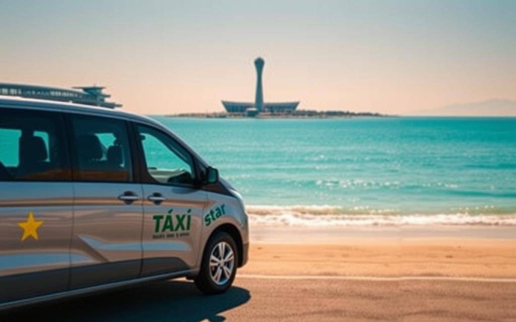 A photo-realistic image of a modern, sleek Taxi Star vehicle prominently displayed in the foreground, its distinctive branding clearly visible. In the middle ground, the expansive Nha Trang beach stretches out, with the tranquil azure waters of the East Sea gently lapping at the pristine shores. In the background, the striking silhouette of Cam Ranh Airport stands tall, its modern architecture and gleaming surfaces reflecting the bright sunlight. The scene is bathed in a warm, golden glow, creating a welcoming and inviting atmosphere. The entire image is captured with meticulous attention to detail, showcasing the seamless integration of the Taxi Star service within the picturesque Nha Trang landscape.