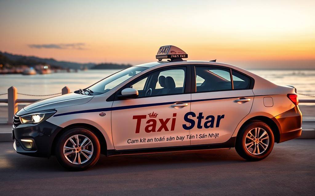 A photo-realistic image of a modern taxi car with the brand name "Taxi Star" prominently displayed on the side, parked in front of a serene Nha Trang beach, with Cam kết an toàn sân bay Tân Sơn Nhất signage clearly visible in the background. The taxi is well-lit, with a warm, inviting atmosphere, capturing the essence of reliable and safe transportation services. The image conveys a sense of professionalism, quality, and attention to customer satisfaction.