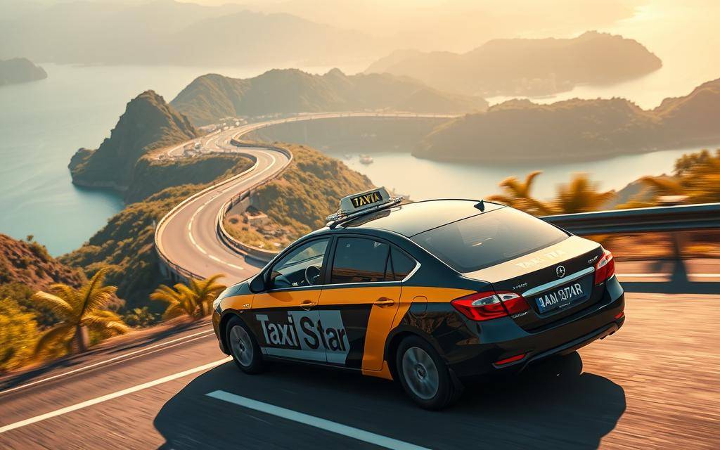A photo-realistic image of a modern taxi car with the brand name "Taxi Star" prominently displayed on the side, driving along a winding high-speed highway in Southern Vietnam. The car is surrounded by lush, mountainous terrain, with the sparkling blue waters of the Nha Trang coastline visible in the distance. The scene is bathed in warm, golden sunlight, creating a serene and picturesque atmosphere. The camera angle is slightly elevated, providing a sweeping view of the highway and the surrounding landscape. The level of detail is extraordinary, with every texture and surface rendered with meticulous precision, creating a truly immersive and visually stunning image.