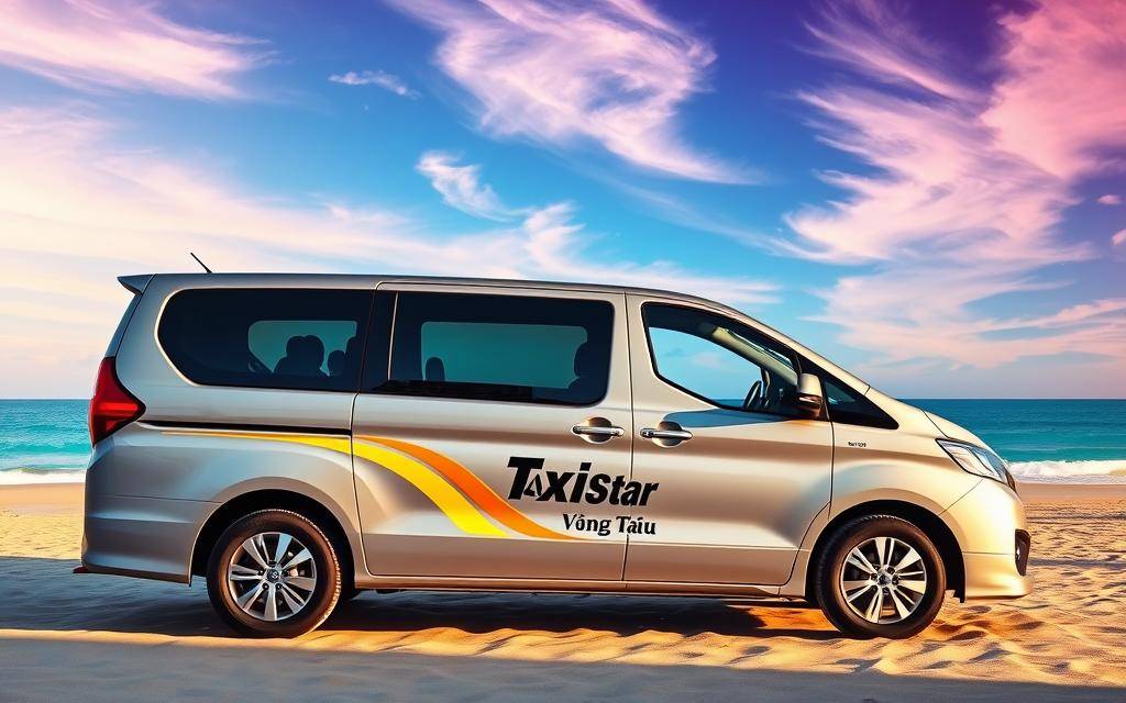 A photo-realistic image of a sleek, modern 7-seater minivan with the brand name "Taxi Star" prominently displayed on the side, parked in front of a picturesque Vũng Tàu beach landscape. The minivan is positioned at an angle, casting a soft shadow on the sand. The background features a vibrant sky with wispy clouds, and the ocean in the distance is a stunning shade of turquoise. The lighting is natural and warm, creating a serene and inviting atmosphere. The image captures the versatility and reliability of the transportation service, perfectly complementing the article's subject and section title.