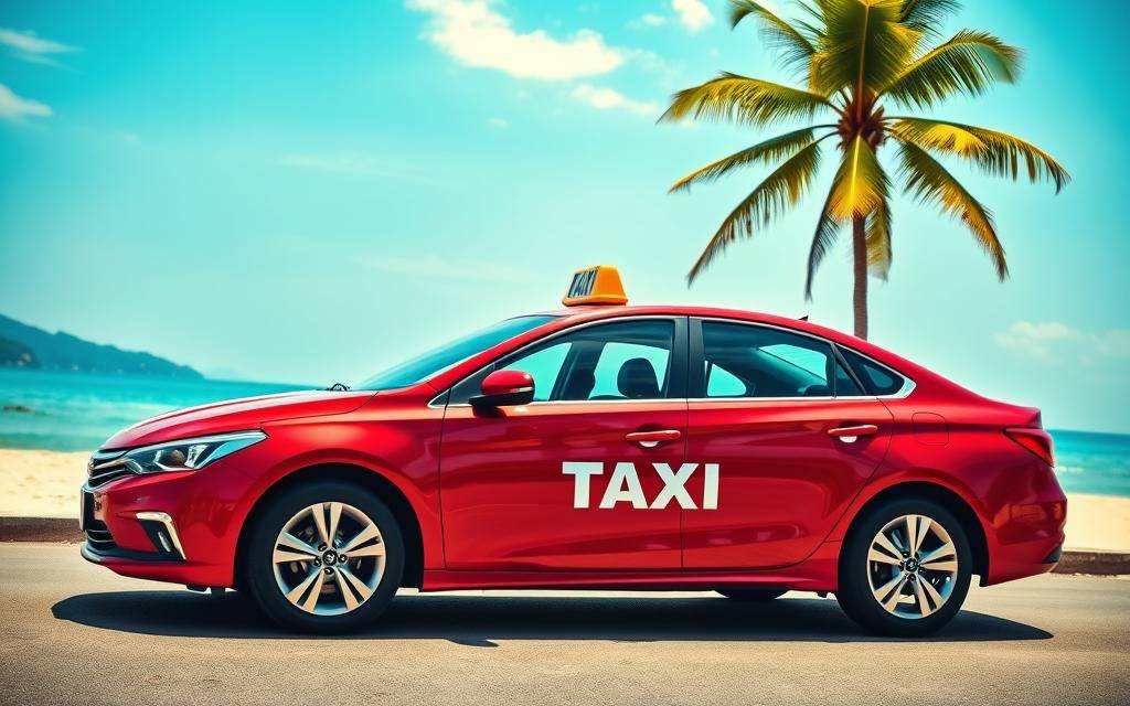 A photo-realistic image of a sleek, modern Taxi Star sedan parked on the sun-drenched Nha Trang beach, reflecting the crystal-clear azure waters and lush palm trees in the background. The car's vibrant red exterior gleams under the warm, diffused lighting, accentuating its clean, aerodynamic lines. The Taxi Star logo is prominently displayed on the side, conveying a sense of professionalism and reliability. The scene exudes a serene, coastal atmosphere, inviting the viewer to imagine a comfortable, hassle-free journey from Nha Trang to Saigon.